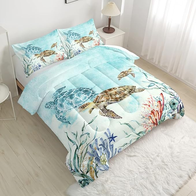 CVHOUSE Sea Turtle Comforter Set,Ocean Watercolor Sea Turtle Bedding Set for Kids Teens,Ocean Sea Turtle Comforter Sea Turtle Duvet Set Room Decor Quilt Set Full Size