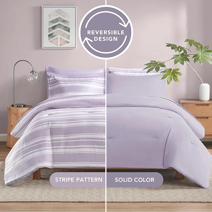 Codi Lavender Purple Queen Comforter Set with Sheets, Striped Bed in a Bag Reversible for All Seasons, Cationic Dyeing Bedding Sets with Comforter, Sheets, Pillowcases & Shams