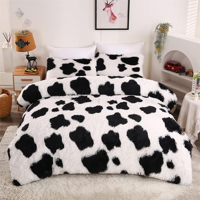 Faux Fur Kids Girls Cow Print Comforter Sets Twin/Full - 3PC Bed Set Warm Comfortable Soft Plush Flannel Velvet Fluffy Fuzzy Bedding（Comforter x 1 Pillowcases x 2）