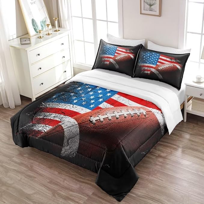 American Football Comforter Set for Boys Teens,Kids Sports Bedding Set Full Size,USA Flag Football Printed Bedroom Sets with 2 Matching Pillow Shams
