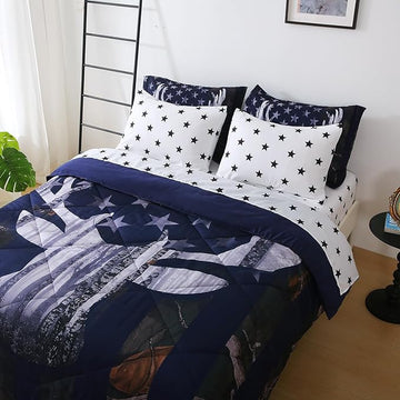 Boys Camo Deer Bedding Set Queen Size 7 Piece Bed in A Bag Camouflage American Flag Comforter Set for Kids Teens Men Super Soft All Season