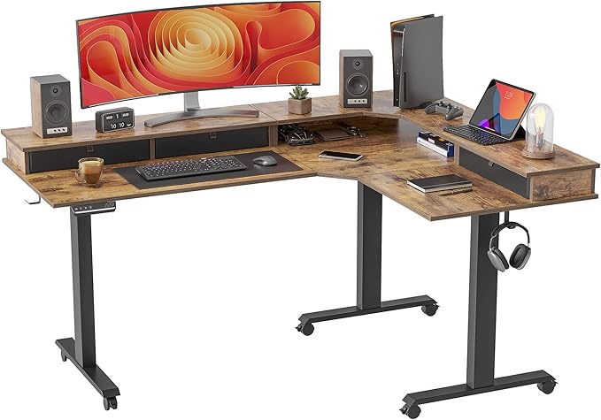 FEZIBO Triple Motor 63" L Shaped Standing Desk with 3 Drawers, Electric Standing Desk Adjustable Height, Corner Stand up Desk with Splice Board - Rustic Brown