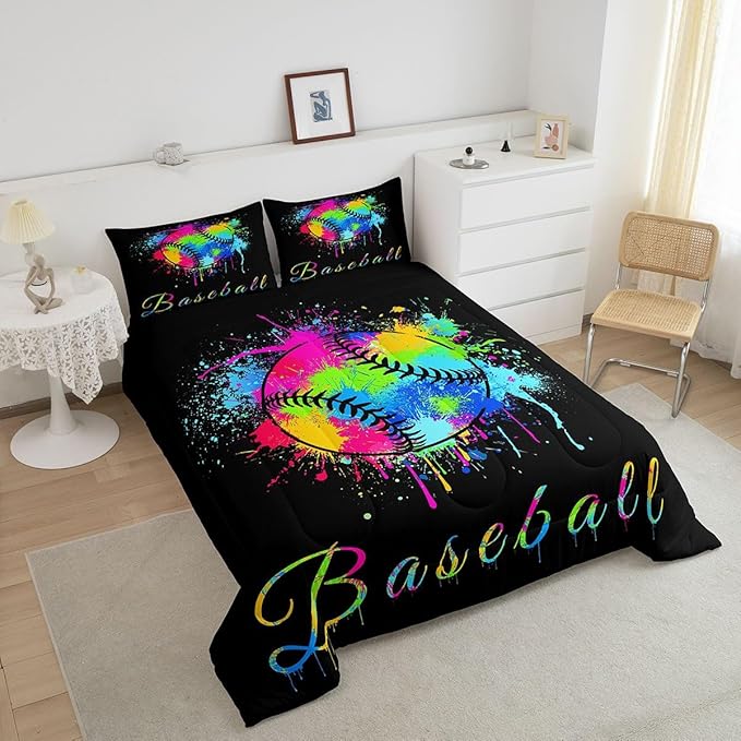 Kids Baseball Comforter Set Full Size Sports Game Bedding Set for Boys Girls Teens Bedroom Decor Baseball Gaming Comforter Women Men Tie Dye Duvet Set with 2 Pillow Case