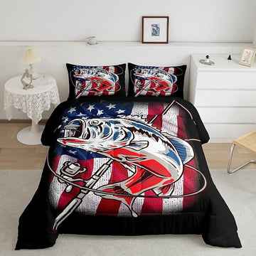 American Flag Comforter Set Farmhouse Fishing Bedding Set for Kids Boys Girls Teens Room Wild Fish Decor Comforter Red Blue Stripe Quilted Set 3Pcs Queen Size