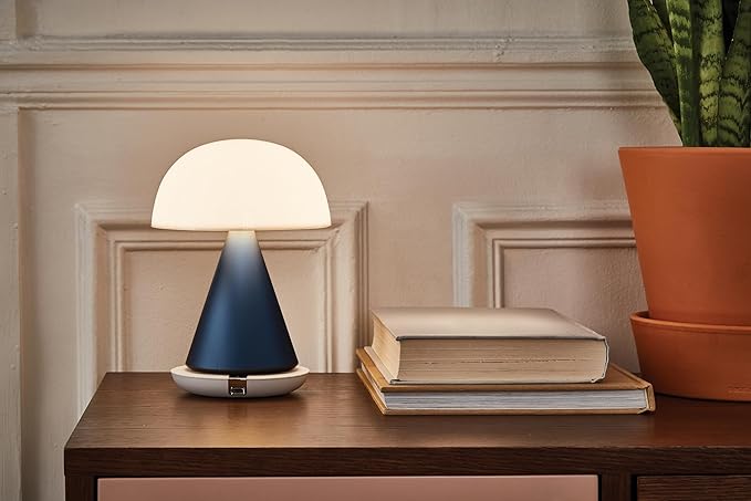 Lexon Mina L Mushroom Lamp - 9 LED Color Table Lamp for Bedrooms, Living Room & Office - Cordless, Rechargeable with 24h Light & Dimmer, Aluminum, Large - Dark Blue