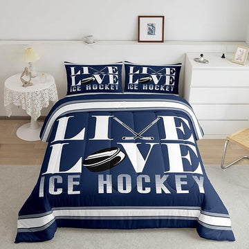 Feelyou Ice Hockey Bedding Set Twin Size Ice Sports Games Comforter Set for Kids Boys Girls Decor Hockey Player Comforter Microfiber Puck Hockey Duvet Set Bedroom Quilt Set