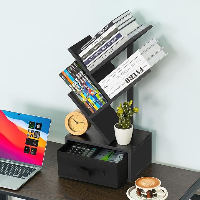 Small Book Shelf with Drawer,4 Tier Black Tree Bookshelf,Wooden Desktop Bookcase,Modern Desk Display Storage Bookshelves,Floor Standing Organizer Bookcases for Living Room,Bedroom,Office