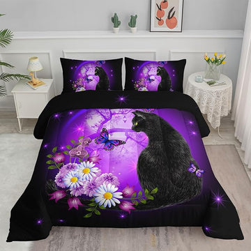 Black Cat Bedding Cartoon Cat Comforter Set Twin,Daisy Butterflies Printed Kids Bedding Set for Kids Boys Girls Adults Room Decor,Kids Comforter Set All Season,1 Quilt 2 Pillow Cases,Purple