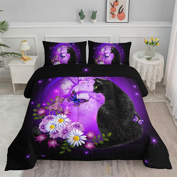 Black Cat Bedding Cartoon Cat Comforter Set Full,Daisy Butterflies Printed Kids Bedding Set for Kids Boys Girls Adults Room Decor,Kids Comforter Set All Season,1 Quilt 2 Pillow Cases,Purple