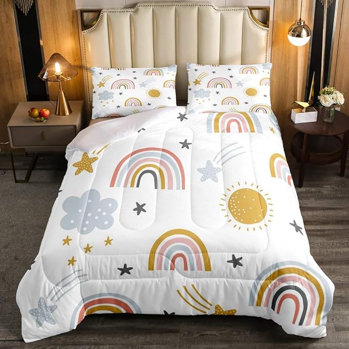 Erosebridal Girls Rainbow Bedding Set, Sun and Stars Comforter Set Twin Size for Kids Boys Children Cartoon Style Cloud Bedding Comforters Girly Soft Microfiber Duvet Insert for Bedroom Decor