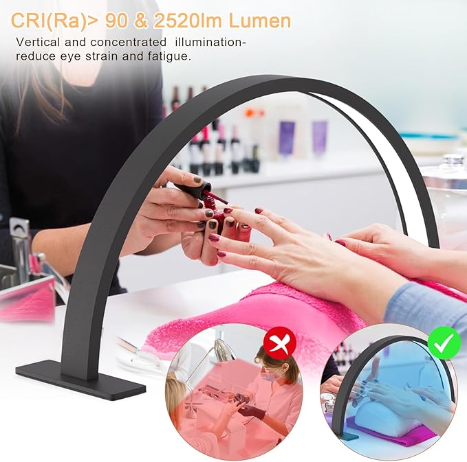 Half Moon Desk Lamp for Nail Techs, Adjustable Brightness Color Mode Arch LED Table Light with 2520 Lumens for Professional Manicure Salon, Tattoo, Eyelash Extensions, Reading- Black