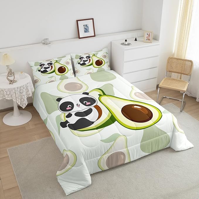 Kids Cute Panda Bedding Set Twin Kawaii Avocado Comforter Set for Boys Girls Bedroom Dorm Decor,Fruit Cartoon Exotic Animal Bedding Comforter Sets Giant Panda Bed Quilt Sets 2 Pcs Green Black White