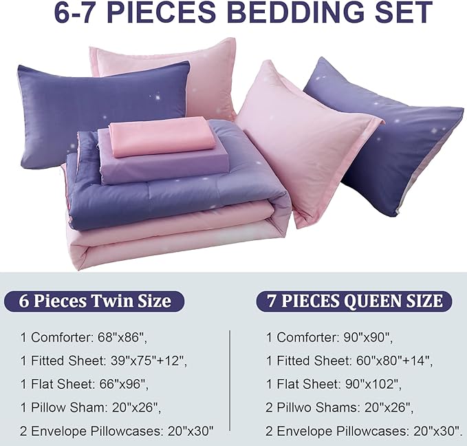 Girls Comforter Set Full Size Colorful Ombre Pink Purple Rainbow Bedding Set Bed in A Bag for Kid Teen Girls 7 Pieces (1 Comforter, 1 Flat Sheet, 1 Fitted Sheet, 2 Pillow shams, 2 Pillowcases)