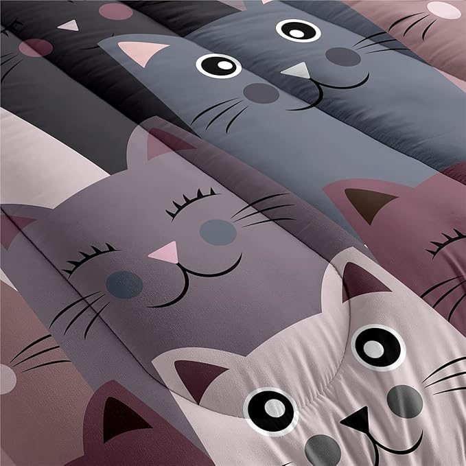 Cat Comforter Set Full Size - 3Pcs Grey Cat Bedding Set for Boys Girls Teens Cute Animals Themed Bedding Set Warm Ultra Soft Cartoon Cat Quilt Cover with 2 Pillowcases for Kids Room Decor