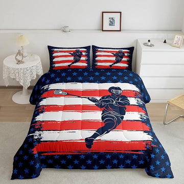 Feelyou Lacrosse Comforter Set King Size Boys Gilrs American Flag Sports Bedding Set for Kids Adults Soft Lacrosse Player Games Comforter Navy Blue Duvet Set Room Decor Quilt Boys