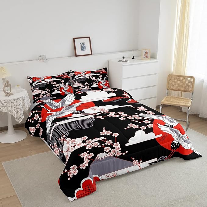 Japanese-Style Comforter Set King Size Pink Cherry Blossoms Bedding for Boys Girls Women Soft Microfiber 3 Pieces Quilted Duvet Ukiyoe Theme Down Comforter Japanese Traditional Pattern Quilt