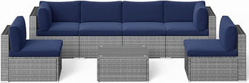 SUNVIVI OUTDOOR 7 Piece Patio Furniture Sets All Weather Grey PE Wicker Couch Sofa with Glass Table, Removable Navy Blue Cushions
