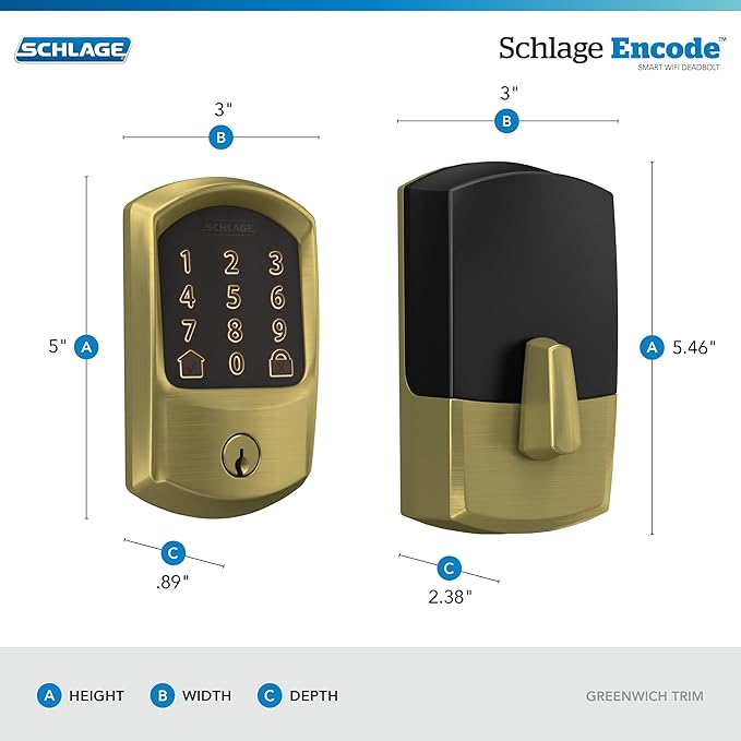 Schlage Encode Smart WiFi Deadbolt Lock for Front Door - Keyless Entry with App or Touchscreen - Works with Alexa, Apple HomeKit, Hey Google, & Airbnb - Create Codes for Guests - Satin Brass Gold