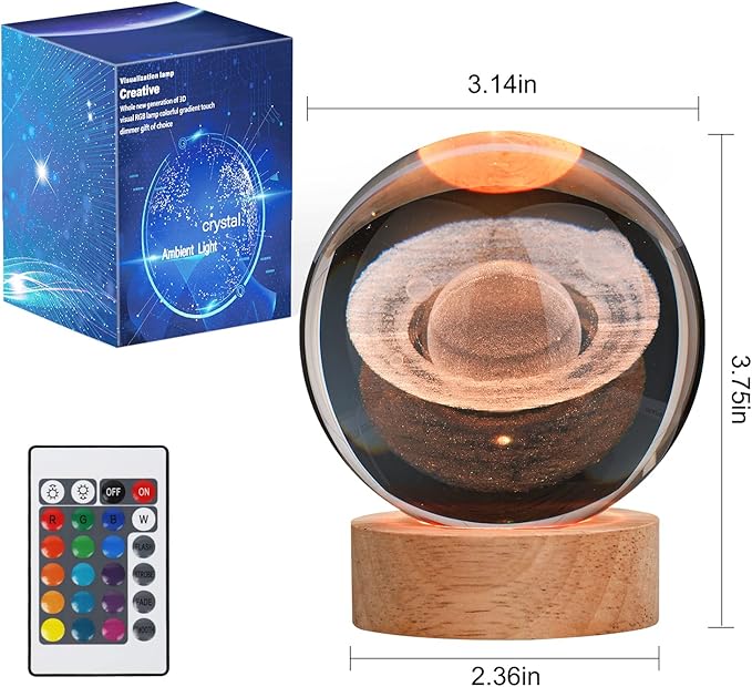 Large 3D Crystal Ball Saturn Lamp, Crystal Lamp 16 Color Changing Night Light with Remote Control for Bedroom Decor, Birthday Gift for Teens Boys and Girls, Saturn Model