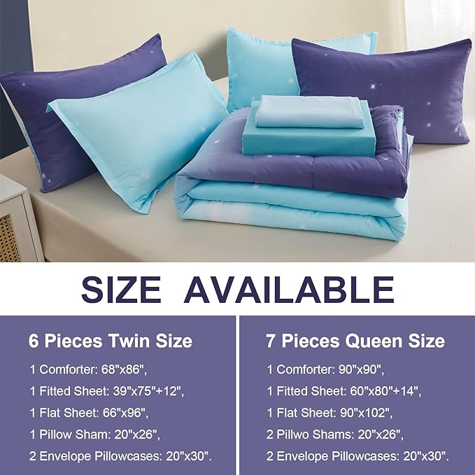 Girls Comforter Set Queen Size 7 Pieces Bed in A Bag Ombre Blue Purple Rainbow Bedding Set Collections for Teen Women (1 Comforter, 1 Flat Sheet, 1 Fitted Sheet, 2 Pillow shams, 2 Pillowcases)