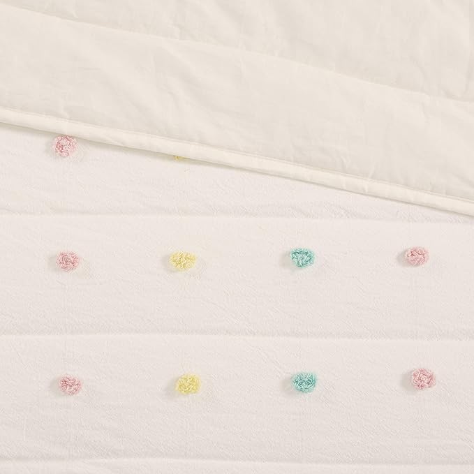 Quilt Set Cotton Jacquard Weave Colorful Poms Accent All Season Shabby Chic Bedding Coverlet Bedspred, Girls Bedroom Décor, Twin, Multi 4 Piece XL
