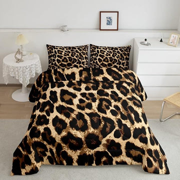Black Brown Leopard Print Comforter Set Women Cheetah Printed Bedding Set Men Africa Animal Wildlife Duvet Set for Kids Girls Teens Bedroom Decor Luxury Home Hotel Room Soft Comforter Queen Size 3Pcs