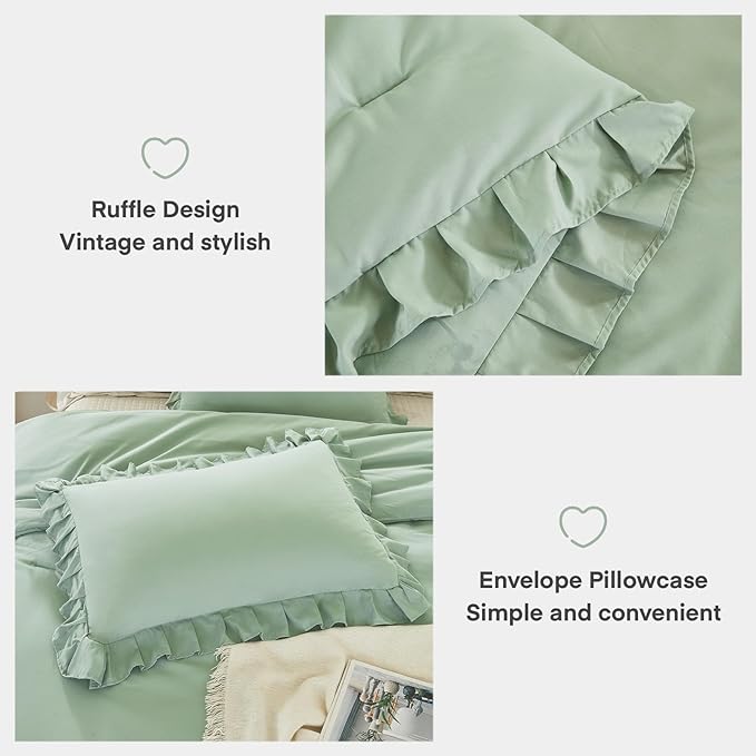 Andency Sage Green Comforter Set Full, 3 Pieces Lightweight Soft Ruffle Bed Comforter, Farmhouse Rustic Fluffy Microfiber Down Alternative Bedding Set (79x90Inch Comforter)