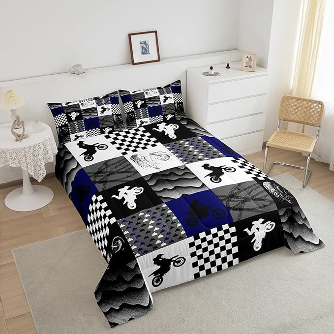 Dirt Bike Comforter Set, Motocross Rider Bedding Comforter Sets Full, Motorcycle Grunge Down Comforter For Kids Boys Adult Men, Motorbike Extreme Sport Game Comforter, Buffalo Plaid, Blue Grey Black