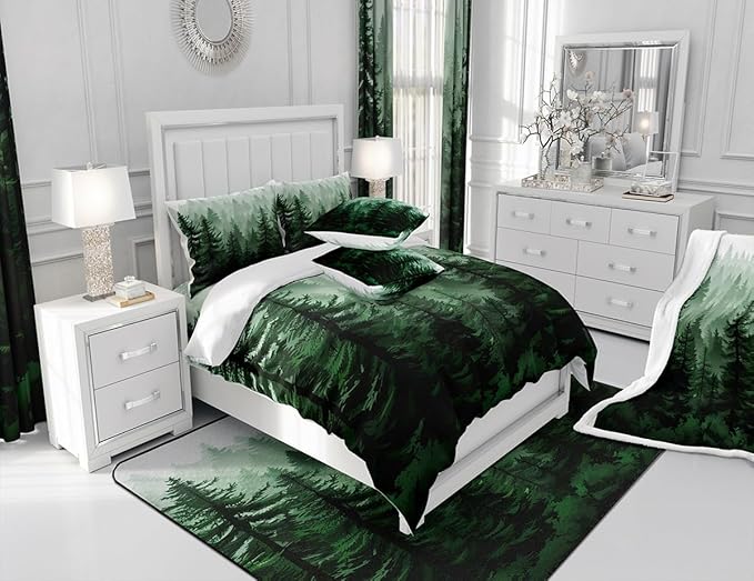 Feelyou Fog Forest Comforter Botanical Pine Trees Comforter Set for Boys Girls Watercolor Green Bedding Set Room Decor King Size Bedspread Cover 3Pcs Boys