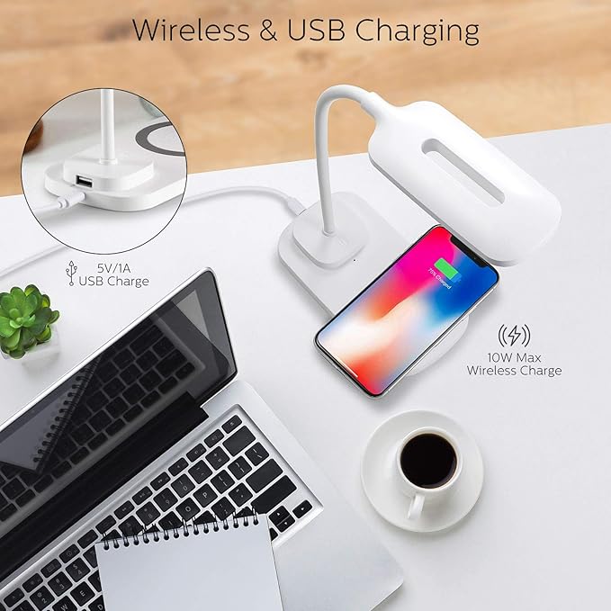 Consciot LED Desk Lamp with Wireless Charger, USB Charging Port, 3 Lighting Modes, Dimmable Space-Saving Table Lights with 360°Adjustable Gooseneck for Bedroom Nightstand Bedside Office Study, White