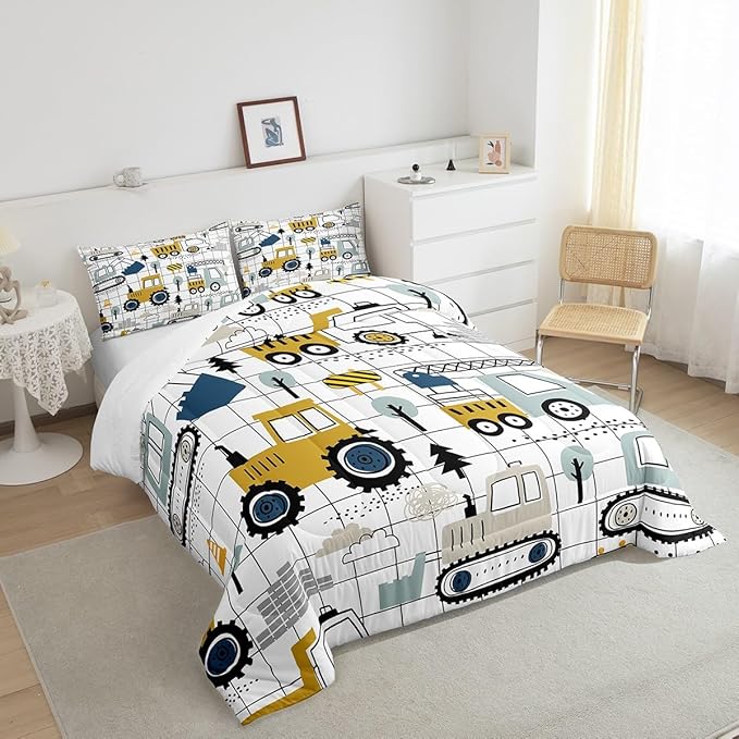 Feelyou Construction Comforter Set Queen Size Kids Excavator Tractor Toddler Comforter Cartoon Car Equipment Trucks Plaid Grid Comforter Set Construction Vehicles WhiteDuvet Set Quilt Set