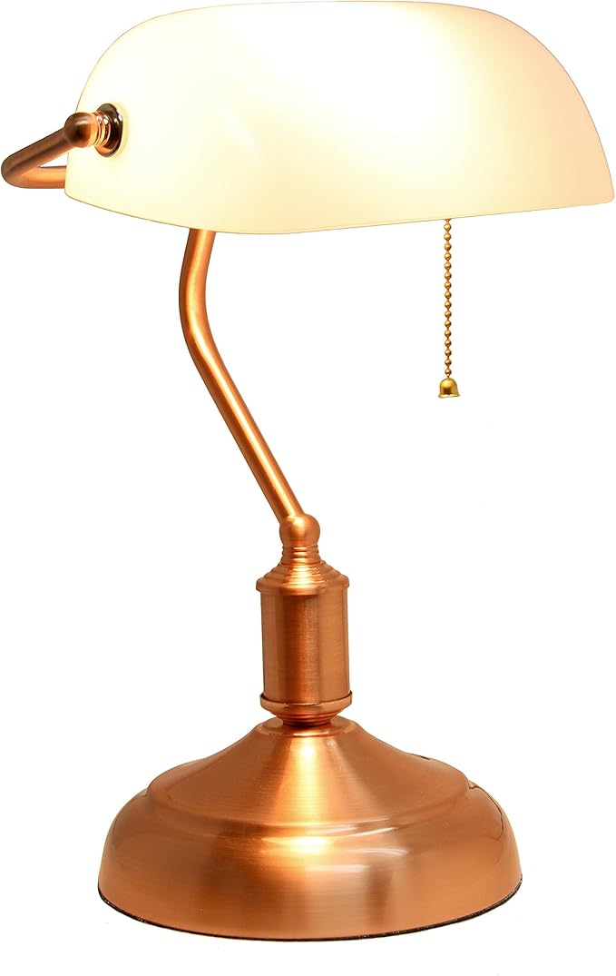 Simple Designs LT3216-RGD Executive Banker's Desk Lamp with White Glass Shade, Rose Gold
