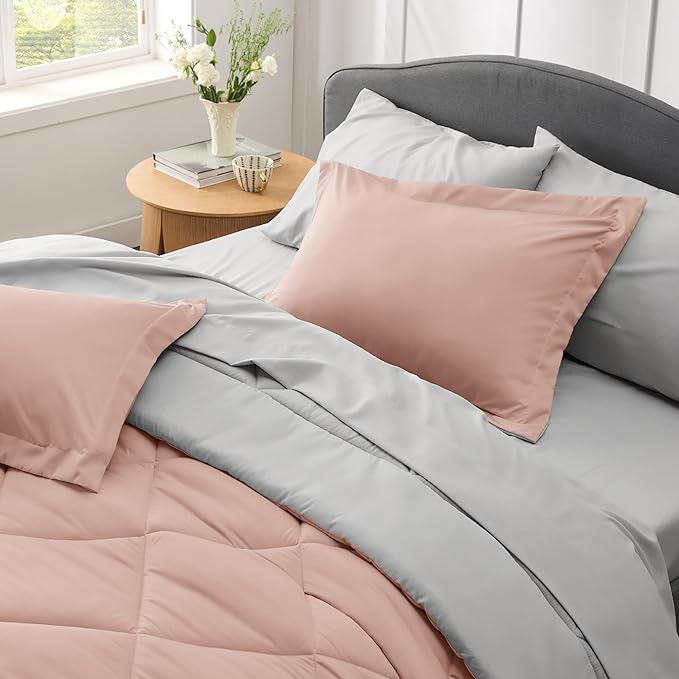 Bedsure Blush Pink Full Size Comforter Set - 7 Pieces Reversible Full Bed in a Bag, Full Bed Set with Comforters, Sheets, Pillowcases & Shams, Peach Pink Full Bedding Sets