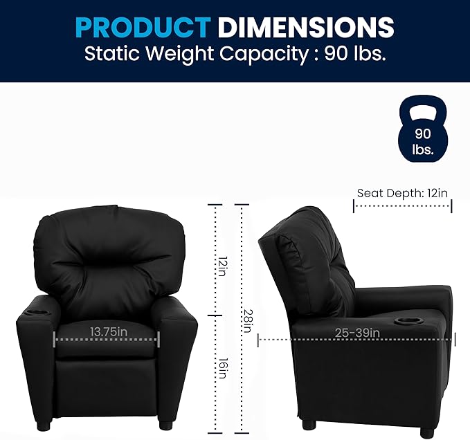Flash Furniture Chandler LeatherSoft Kids Recliner with Cup Holder and Safety Recline, Contemporary Reclining Chair for Kids, Supports up to 90 lbs., Black