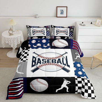 Erosebridal Baseball Quilt Set Teen Boys Baseball Bedding Comforter Set Queen Size Bed,Kids Sports Bed Comforter Sets Black White Geometric Checkered Grids Duvet Set for All Season 2 Pillowcases