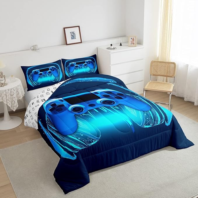 Gamer Comforter Set Queen Size,Blue Headphones Musical Design Games Gamepad Bedding Set for Kids Boys Video Game Room Decor Retro Playing Gamer Down Comforter Gaming Controller Quilted Duvet Set