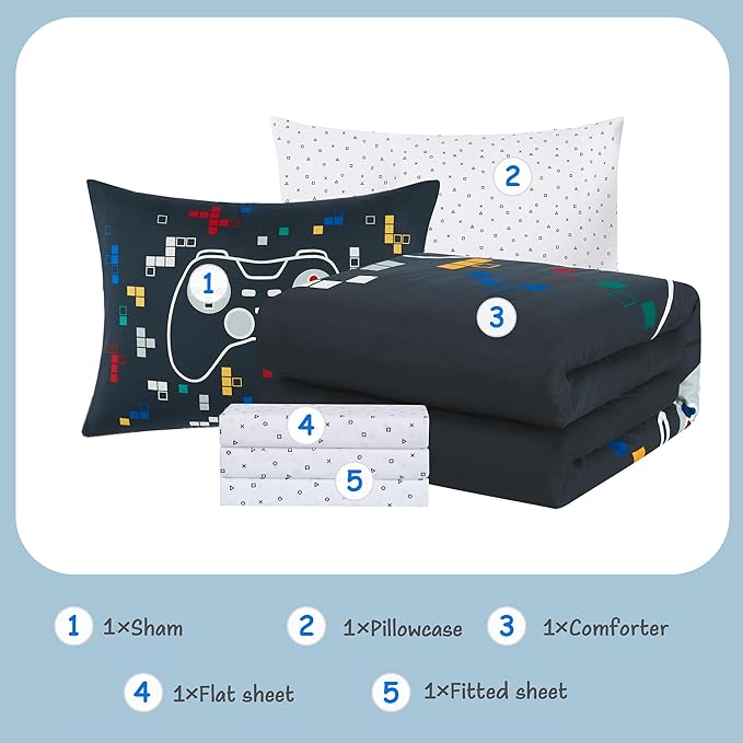 KALEIDOSPACE Kids Bedding Sets for Boys Girls, Glow in The Dark 5 Piece Gamer Twin Bed in A Bag, Ultra Soft Microfiber Kids Bedding for All Season (66"X86"