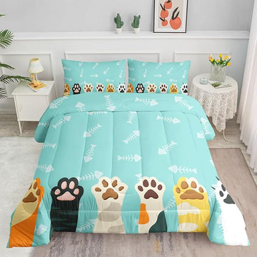 Datura home Cat Paws Comforter Bedding Set for Kids Teens,Cartoon Cat Paws and Fish Bones Pattern Lightweight Cyan Comforter with 2 Pillowcases,3pcs(Cat Paws Twin)