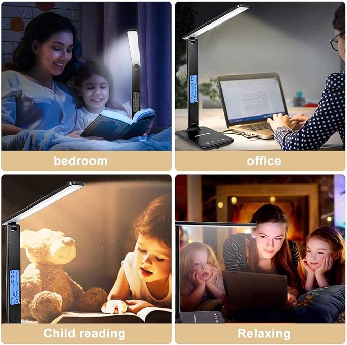LED Desk Lamp, Dimmable Eye-Protecting Table Lamps with Night Light, USB Charging Port, 4 Color Temperature Modes, 5 Brightness Levels, 1H Timer, Touch Control for Home Office Bedroom (Black)