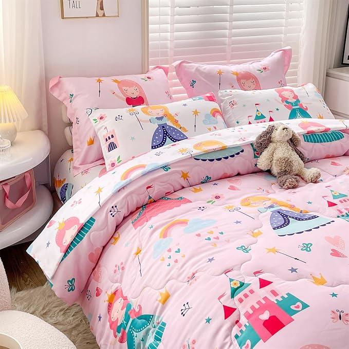 Wajade Kids Pink Princess Comforter Set Bed in A Bag Queen Size 7 Piece Princess Fairy Tales Castle Bedding Set for Girl (1 Comforter, 1 Flat Sheet, 1 Fitted Sheet, 2 Pillowcase and 2 Pillow Sham)
