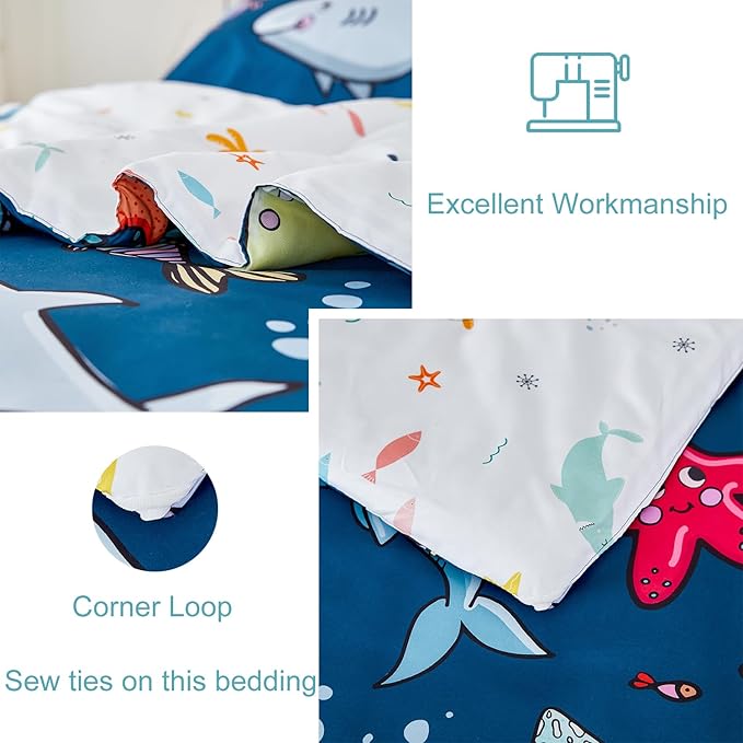 WINLIFE Shark Comforter Set Queen Size for Boys Teen Ocean Themed Fish Turtles Printed Bedding Set, Soft Microfiber Bedding All Season (3Pcs, Queen)