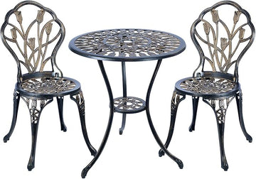 CG 3 Piece Bistro Set, Outdoor Patio Set, Anti-Rust Cast Aluminum Bistro Table Set for Park Yard Front Porch Furniture, Tulip, Antique Copper