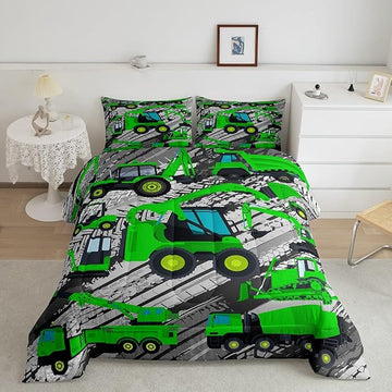 Excavator Down Comforter, Kids Boys Cartoon Car Comforter Set Full, Children Tractor Truck Duvet Sets Girls Construction Vehicle Bulldozer Bedding Set 3 Pieces with 2 Pillow Cases, Green Gray