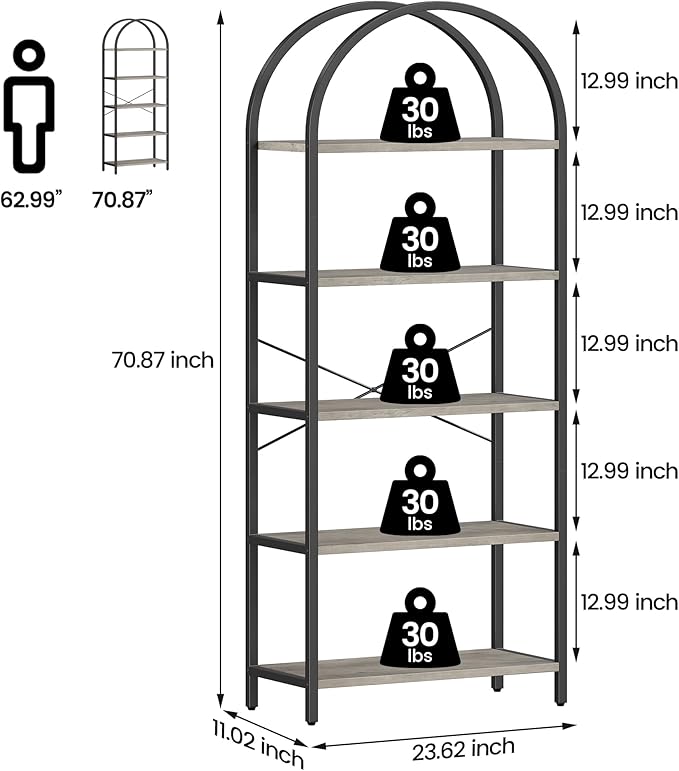 IDEALHOUSE Bookshelf 5 Tier Bookcase Arched Display Racks Tall Standing Bookshelves Metal Frame Farmhouse Storage Rack Shelf Grey Book Shelf for Bedroom, Living Room, Home Office