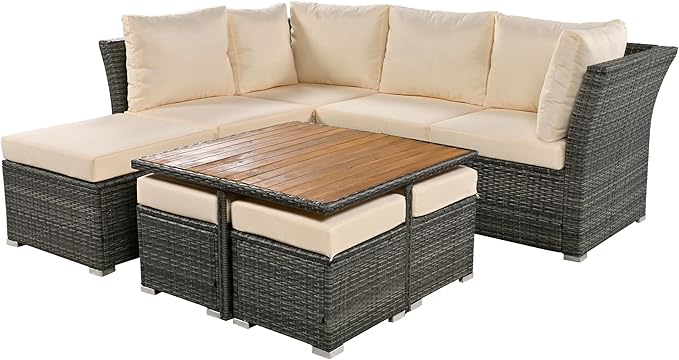 9-Pieces Outdoor Rattan Sectional Sofa Set, Wicker Patio Conversation Furniture with L-shape Couch&Storage Ottomans, Acacia Wood Coffee Table, for Garden Yard, Gray Wicker&Beige Cushion