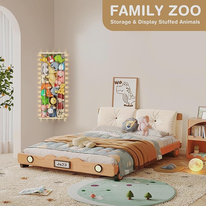 Stuffed Animal Storage Toy Organizer: Corner Stuff Animals Holder for Wall with LED Light - Kids Plush Toys Storage with Adjustable Length for Nursery Playroom Bedroom Kids Room(Beige)