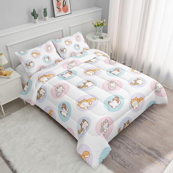 Datura home White Kawaii Cat Comforter Bedding Set for Girls Kitten White Print Cute Animal Pattern Bedding Set with 1 Comforter and 2 Pillowcases for Girls Bedroom All Season(Cat White Twin)