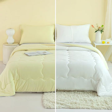 COTTEBED Reversible KING Bedding Comforter Set, Jersey Knit All Season Milk Cup Dual-Side Down Comforters, Super Soft Breathable Fluffy Lightweight Quilt & Pillow Shams(Yellow and White King/Cal King)