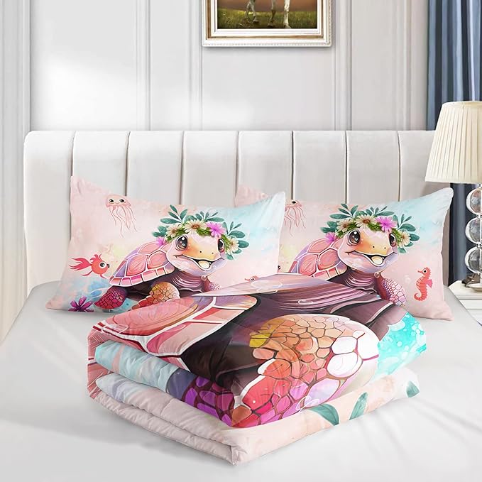 CVHOUSE Kawaii Sea Turtle Comforter Set Full Size,Ocean Theme Bedding Set for Girls Kids,Tie Die Turtle Quilt Set Ocean Turtle Duvet Set Ocean Decor 3 Pieces
