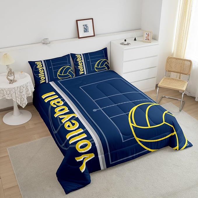 Feelyou Volleyball Bedding Set King Size Sports Game Comforter Set for Kids Boys Girls Decor Volleyball Player Comforter Microfiber Blue Yellow Duvet Set Bedroom Quilt Set